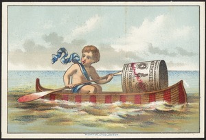Boy with a giant can rowing a canoe