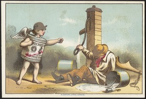 An angel wearing a can and one man using a water pump
