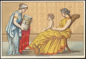 1 woman standing with a large can while a woman and child watch sitting