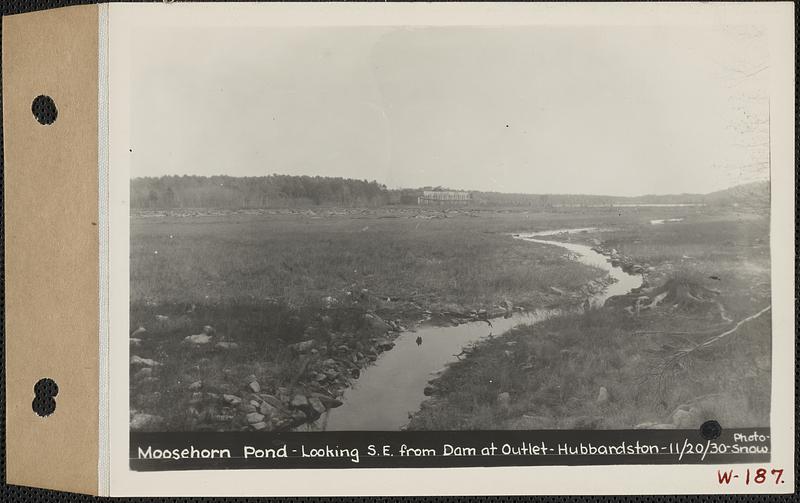 Moosehorn Pond, looking southeast from dam at outlet, Hubbardston, Mass