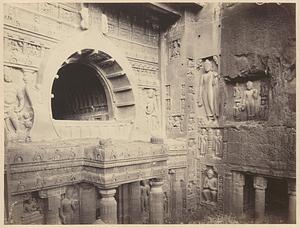 View from the left of façade of Buddhist chaitya hall, Cave XIX, Ajanta