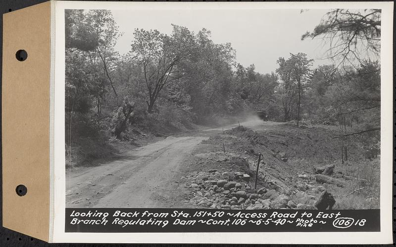 Contract No. 106, Improvement of Access Roads, Middle and East Branch Regulating Dams, and Quabbin Reservoir Area, Hardwick, Petersham, New Salem, Belchertown, looking back from Sta. 151+50, access road to East Branch Regulating Dam, Belchertown, Mass., Jun. 5, 1940