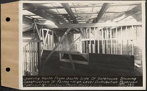 Contract No. 80, High Level Distribution Reservoir, Weston, looking north from south side of gatehouse showing construction of forms, high level distribution reservoir, Weston, Mass., Feb. 27, 1940