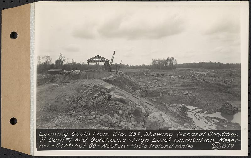 Contract No. 80, High Level Distribution Reservoir, Weston, looking south from Sta. 23+/-, showing general condition of dam 1 and gatehouse, high level distribution reservoir, Weston, Mass., May 29, 1940