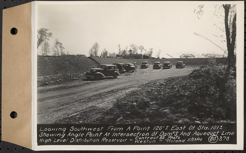 Contract No. 80, High Level Distribution Reservoir, Weston, looking southwest from a point 120 feet+/- east of Sta. 101+/- showing angle point at intersection of dam 5 and aqueduct line, high level distribution reservoir, Weston, Mass., May 29, 1940