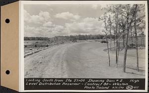 Contract No. 80, High Level Distribution Reservoir, Weston, looking south from Sta. 51+00, showing dam 2, high level distribution reservoir, Weston, Mass., Jun. 21, 1940