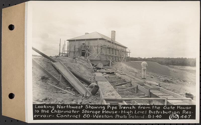 Contract No. 80, High Level Distribution Reservoir, Weston, looking northwest showing pipe trench from the gatehouse to the chlorinator storage house, high level distribution reservoir, Weston, Mass., Aug. 1, 1940