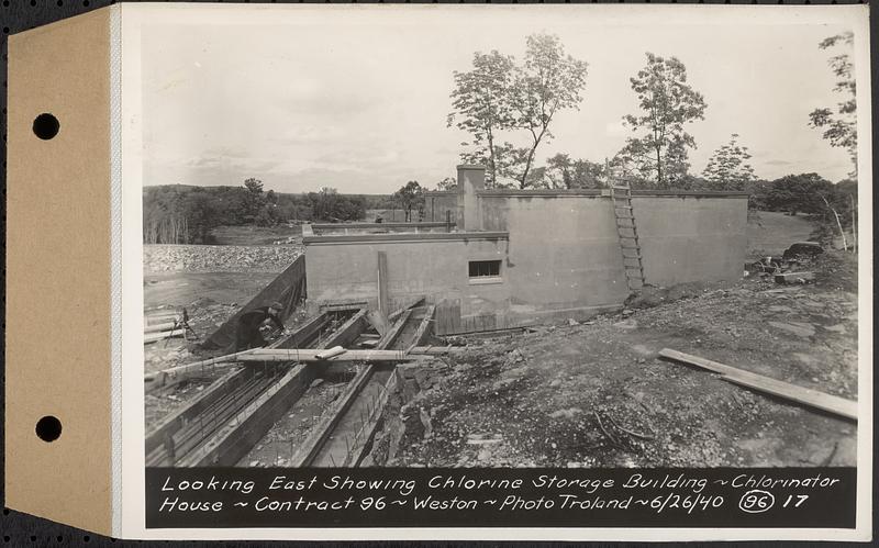 Contract No. 96, Chlorine Storage House and Equipment and Chlorinating Equipment for Gate House at Norumbega Reservoir, Weston, looking east showing chlorine storage building, chlorinator house, Weston, Mass., Jun. 26, 1940