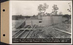 Contract No. 96, Chlorine Storage House and Equipment and Chlorinating Equipment for Gate House at Norumbega Reservoir, Weston, looking east showing chlorine storage building, chlorinator house, Weston, Mass., Jun. 26, 1940