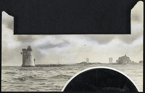 Top: Palmer Island light in New Bedford harbor as it appeared before the hurricane and the tidal wave. Bottom: Lighthouse Keeper Arthur A. Small and the late Mrs. Small in a happy, carefree moment before tragedy stalked them.