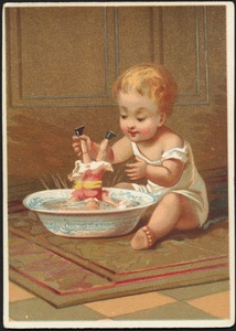 Child playing with a doll in a basin of water.