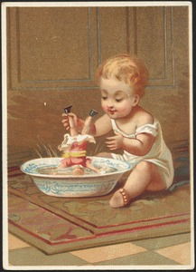 Child playing with a doll in a basin of water.