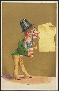 Man with a monocle and top hat, holding a cane looking at a blank poster on a wall.