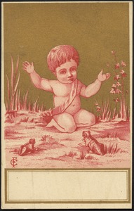 Child sitting by frogs.