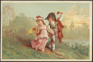 Man and woman walking in the countryside in historical costume.