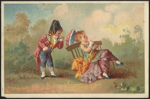 Man and woman in historical costume - woman sitting on a bench with a parasol.