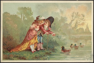 Man and woman in historical costume standing by the water looking at ducks.
