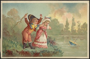 Man and woman in historical costume standing by the water with her parasol in the water.