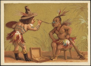 Two men, one painted, one being painted in costume.