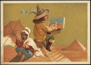 Two men, one in a hat painting a pyramid, one wearing a burnoose holding an umbrella.