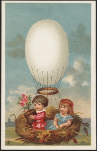 Two children in a hot air balloon made up of an egg-shaped balloon and a bird's nest - one of the children is holding a potted flower.