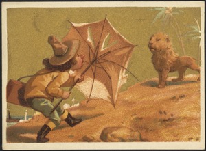 Man in a hat defending against a lion with a tattered umbrella.
