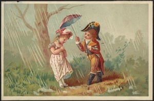 Man and woman in historical costume - man holding an umbrella above the woman in the rain.