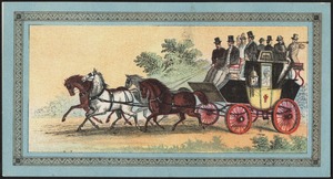 A coach holding many people being drawn by four horses.