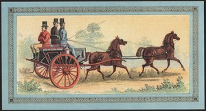 A coach holding three men being drawn by 2 horses.