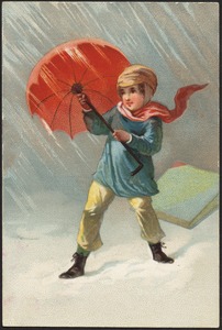 Boy holding up an umbrella against a storm.