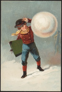 Boy holding a book about to be hit with a snowball.