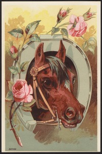 Horse with head through horseshoe, flowers in forefront.