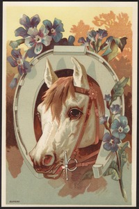 Horse with head through horseshoe, flowers in forefront.