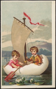 Girl and boy riding in a boat made up of an egg shell, rowing with an arrow.