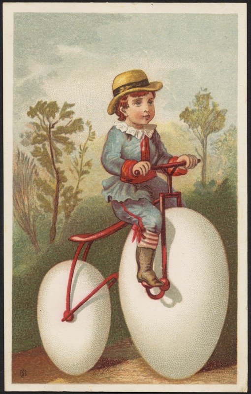 Boy riding a bicycle with eggs as a wheel.