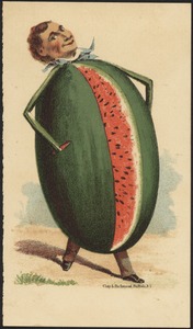Man's head on a watermelon body.