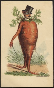 Man's head on a carrot body with a top hat and monocle.