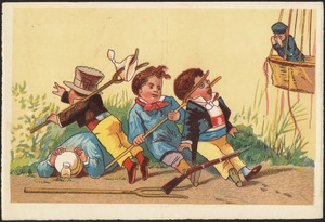 Four boys falling over while the hot air balloons leaves the ground.