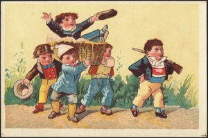 Five boys, four walking and one being carried in a basket.