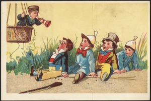 Five boys, four sitting and looking upwards at a boy in the basket of a hot air balloon blowing a horn.
