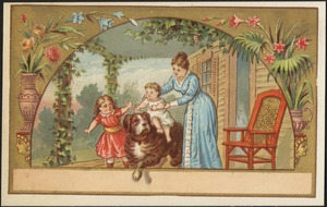 Woman with two children, one riding on a large dog.