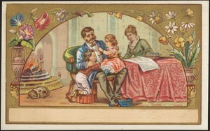 Man sitting with his children and his wife, flowers in the foreground. Dog sleeping by the fire.