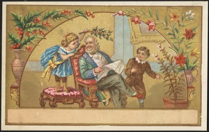 Older man sitting while two children play with him, flowers and berries in the foreground.