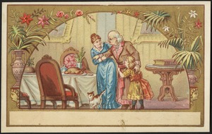 Old man being lead to the table by a woman and a child. Cat walking near them, flowers in the foreground.