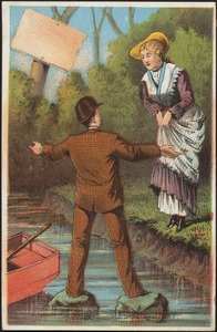 Man and woman, the woman standing by the water while the man is standing on stones trying to lead her into a rowboat.