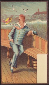 Sailor sitting on a ship in the ocean, lighthouse in the background.