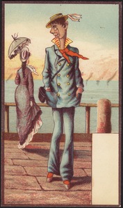 Sailor with a monocle looking at a woman with an umbrelly on a pier overlooking the water.