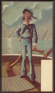 Sailor on a ship in the water with a monocle, boats in the background.