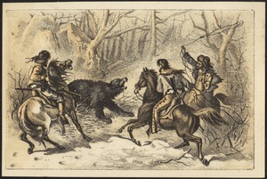 Three men on horses hunting a bear, one with a noose.
