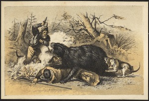 Man with dagger and dogs hunting a bear which is attacking another hunter.